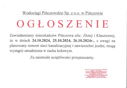 OGŁOSZENIE- W DNIACH 24,25,26.10.2024 MOGĄ WYSTĄPIĆ UTRUDNIENIA W RUCHU KOŁOWYM NA UL.ZŁOTEJ I KLASZTORNEJ