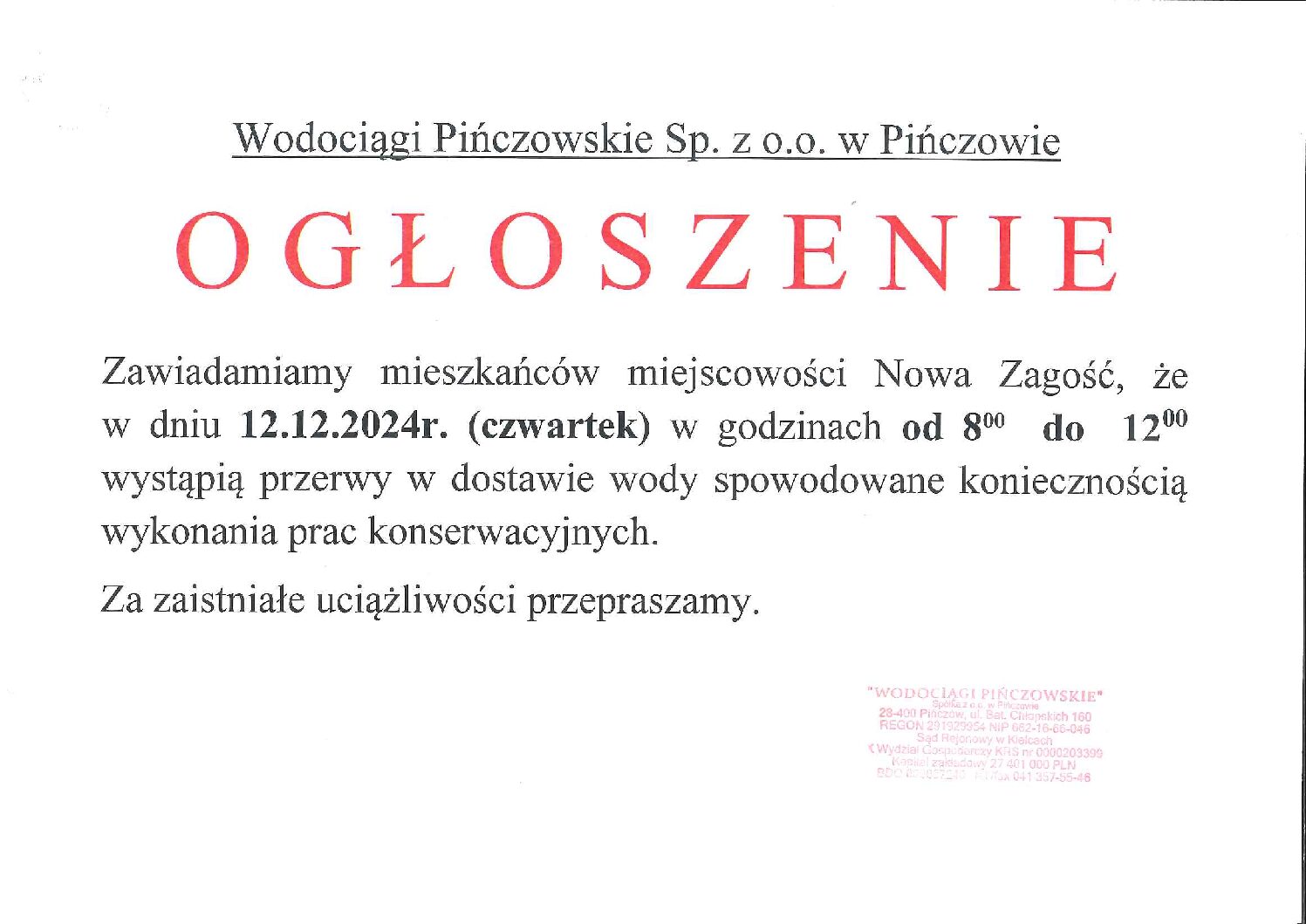 OGŁOSZENIE-PRZERWA W DOSTAWIE WODY-NOWA ZAGOŚĆ W DNIU 12.12.2024