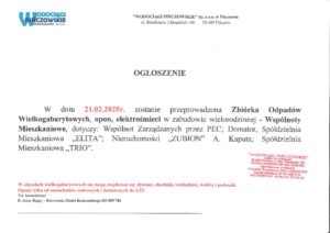 OGŁOSZENIE- GABARYTY W DNIU 21.02.2025R.- WSPÓLNOTY MIESZKANIOWE