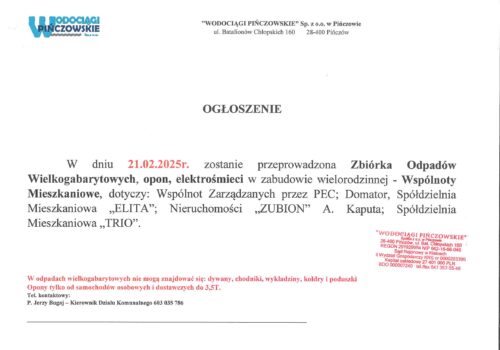 OGŁOSZENIE- GABARYTY W DNIU 21.02.2025R.- WSPÓLNOTY MIESZKANIOWE