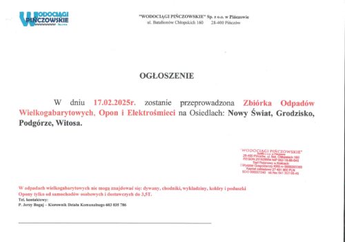 OGŁOSZENIE -GABARYTY W DNIU 17.02.2025 R.-OSIEDLE NOWY ŚWIAT, GRODZISKO, PODGÓRZE, WITOSA