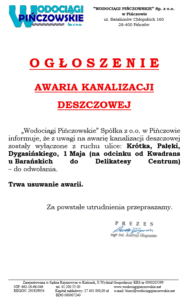 OGŁOSZENIE-AWARIA KANALIZACJI DESZCZOWEJ-ULICE WYŁĄCZONE Z RUCHU