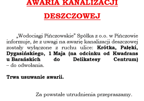 OGŁOSZENIE-AWARIA KANALIZACJI DESZCZOWEJ-ULICE WYŁĄCZONE Z RUCHU