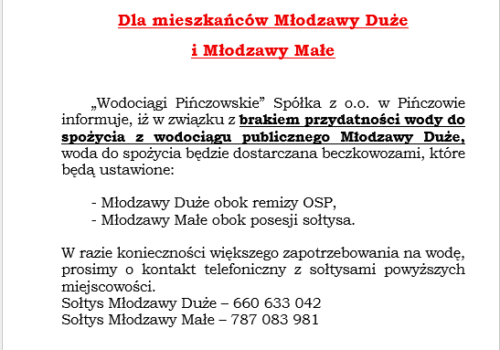 OGŁOSZENIE DLA MIESZKAŃCÓW MŁODZAWY DUŻE I MODZAWY MAŁE – BECZKOWOZY