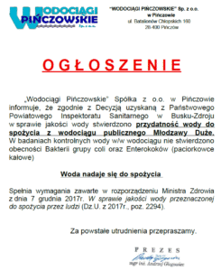 OGŁOSZENIE DLA MIESZKAŃCÓW MŁODZAWY DUŻE I MŁODZAWY MAŁE- WODA ZDATNA DO SPOŻYCIA
