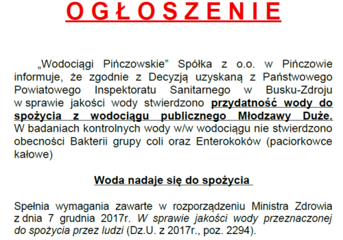 OGŁOSZENIE DLA MIESZKAŃCÓW MŁODZAWY DUŻE I MŁODZAWY MAŁE- WODA ZDATNA DO SPOŻYCIA