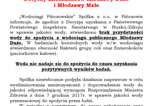 OGŁOSZENIE-BRAK PRZYDATNOŚCI WODY DO SPOŻYCIA-MŁODZAWY DUŻE I MŁODZAWY MAŁE