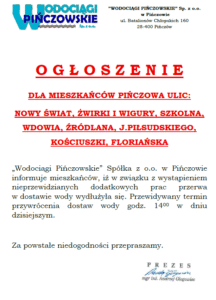 OGŁOSZENIE – 26.08.2025R.-PRZERWA W DOSTAWIE WODY