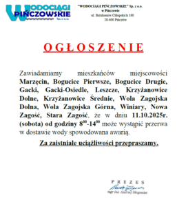 OGŁOSZENIE-AWARIA-PRZERWA W DOSTAWIE WODY-11.10.2025R.-MARZĘCIN,BOGUCICE PIERWSZE,BOGUCICE DRUGIE,GACKI, GACKI-OSIEDLE, LESZCZE, KRZYŻANOWICE DOLNE, KRZYŻANOWICE ŚREDNIE, WOLA ZAGOJSKA DOLNA, WOLA ZAGOJSKA GÓRNA, WINIARY, NOWA ZAGOŚĆ, STARA ZAGOŚĆ,