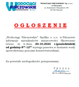 OGŁOSZENIE-20.10.2025R.-PRZERWA W DOSTAWIE WODY-SKOWRONNO GÓRNE