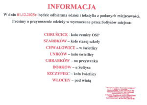 INFORMACJA-1.12.2025R.-ODBIÓR ODZIEŻY I TEKSTYLIÓW-CHRUŚCICE, SZARBKÓW, CHWAŁOWICE, UNIKÓW, CHRABKÓW, BORKÓW, SZCZYPIEC, WŁOCHY