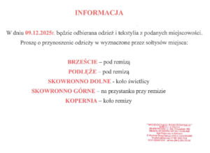 INFORMACJA-09.12.2025R.-ODBIÓR ODZIEŻY I TEKSTYLIÓW-BRZEŚCIE, PODŁĘŻE, SKOWRONNO DOLNE, SKOWRONNO GÓRNE, KOPERNIA