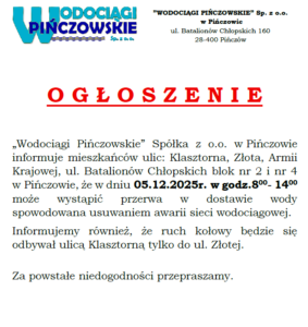 OGŁOSZENIE-05.12.2025R.-PRZERWA W DOSTAWIE WODY-PIŃCZÓW UL. KLASZTORNA, ZŁOTA, ARMII KRAJOWEJ, BATLIONÓW CHŁOPSKICH BLOK NR 2 I 4