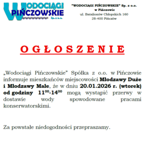 OGŁOSZENIE-MŁODZAWY DUŻE, MŁODZAWY MAŁE-20.01.2026R.-PRZERWA W DOSTAWIE WODY