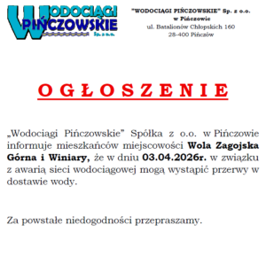 OGŁOSZENIE-AWARIA-WOLA ZAGOJSKA GÓRNA, WINIARY-03.04.2026R.-PRZERWY W DOSTAWIE WODY