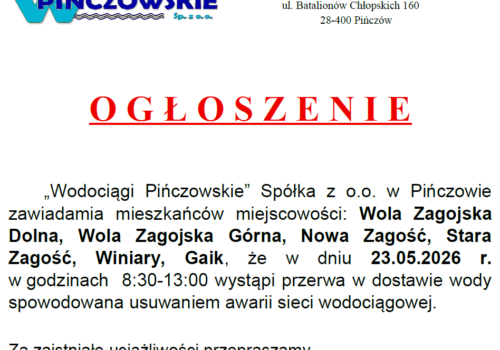OGŁOSZENIE-23.05.2026R.-PRZERWA W DOSTAWIE WODY-WOLA ZAGOJSKA DOLNA, WOLA ZAGOJSKA GÓRNA, NOWA ZAGOŚĆ, STARA ZAGOŚĆ, WINIARY, GAIK