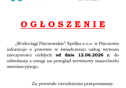 OGŁOSZENIE-OD 12.06.2026 R. DO ODWOŁANIA-PRZERWA W ŚWIADCZENIU USŁUG WYWOZU NIECZYSTOŚCI CIEKŁYCH
