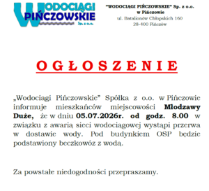 OGŁOSZENIE-AWARIA-MŁODZAWY DUŻE-05.07.2026R.-PRZERWA W DOSTAWIE WODY