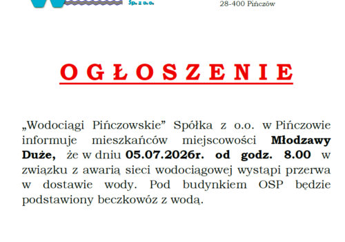 OGŁOSZENIE-AWARIA-MŁODZAWY DUŻE-05.07.2026R.-PRZERWA W DOSTAWIE WODY