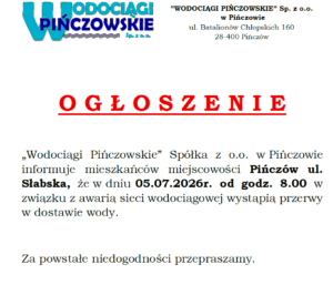 OGŁOSZENIE-05.07.2026R.-PIŃCZÓW UL.SŁABSKA -PRZERWA W DOSTAWIE WODY